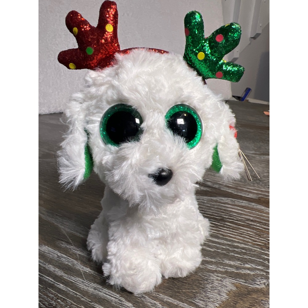 Ty Beanie Boos‎ Sugar Christmas Dog White Plush Reindeer Antlers 6 inch 2019